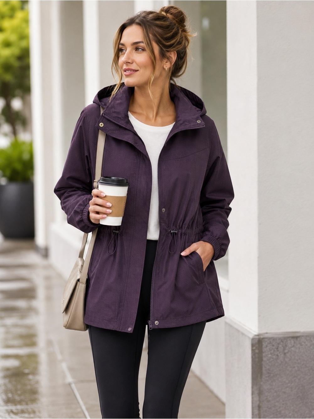 Zella Packable Hooded Rain Jacket Purple Utility Travel Coat Womens Small
